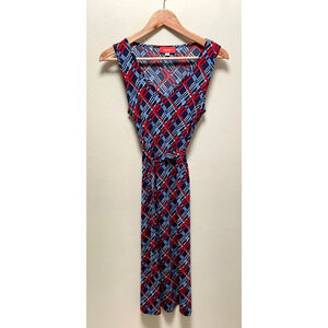 Vintage Womens Dress Size Small Red Blue Geometric Stretch Belted Retro Y2K